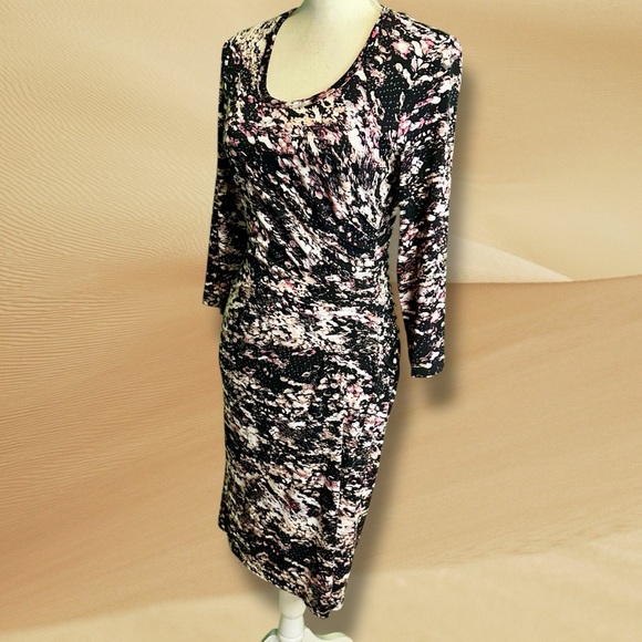 Calvin Klein Black & Pink Abstract Print Pleated Cinched Waist Jersey Knit Dress - Picture 4 of 13